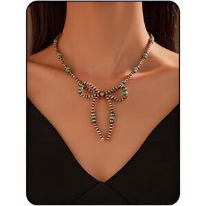 🆕 Women Blue Western Bow Pearl Necklace Trendy Dainty Cowgirl Birthday Jewelry